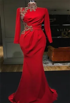 Raudonoji arabų musulmonų Maroko satino vakarinė suknelė Prabangi elegantiška karoliukais puošta blizgučiai Aplikacija Oficialus vakarėlis Prom suknelė فساتين مناسبة ر - Nuotrauka 1  