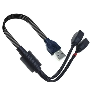 USB 2.0 2-in-1 prailginimo kabelis, įkrovimo kabelio adapteris iš vieno kištuko į du lizdus, USB duomenų kabelis, juodas plokščias ilgis 20cm, 40cm - Nuotrauka 1  
