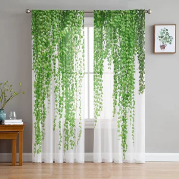 Augalų žaliasis rotango lapai Baltos šifono užuolaidos svetainei Miegamojo dekoravimo langas Voiles Tiulis Užuolaidos Užuolaidos - Nuotrauka 1  