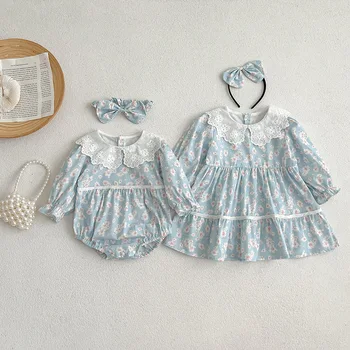 2024 Nauja pavasario vaikų vakarėlio suknelė Seserys Drabužiai ilgomis rankovėmis medvilnė Gėlių spausdinimas Mažylis Kūdikių smėlinukai Mergaitės Princesės suknelė - Nuotrauka 1  
