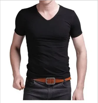 B7278 Summer Hot Sale T- Marškinėliai Nauji vyriški V kaklo viršūnės Trikotažiniai marškinėliai Slim Fit Trumpomis rankovėmis Vienspalviai laisvalaikio marškinėliai - Nuotrauka 1  