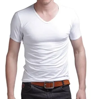B7278 Summer Hot Sale T- Marškinėliai Nauji vyriški V kaklo viršūnės Trikotažiniai marškinėliai Slim Fit Trumpomis rankovėmis Vienspalviai laisvalaikio marškinėliai - Nuotrauka 2  