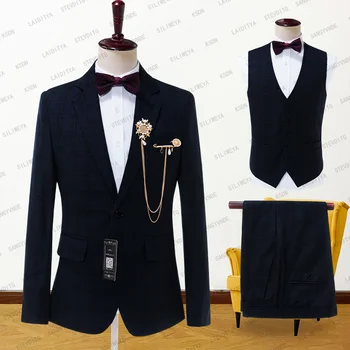2023 Kostiumai vyrams Wedding Slim Fit 3 dalių tamsiai mėlynas pledas Casual Prom Tuxedos Groom Notched Lapel Business (Blazer+Vest+Pant) - Nuotrauka 1  