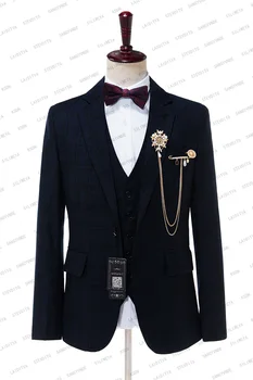 2023 Kostiumai vyrams Wedding Slim Fit 3 dalių tamsiai mėlynas pledas Casual Prom Tuxedos Groom Notched Lapel Business (Blazer+Vest+Pant) - Nuotrauka 2  