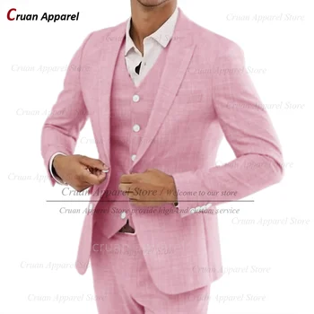 Naujas rožinio lininio kostiumo komplektas vyrams Mados pokyliai Custom Peaked Lapel Blazer Liemenė Kelnės 3 Vnt Vestuvių jaunikiai Slim Fit Apranga - Nuotrauka 1  