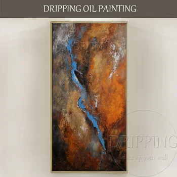 Įgudęs menininkas Rankomis dažytas didelis dydis aukštos kokybės rudos ir mėlynos spalvos Abstrakti aliejinė tapyba svetainės dekoravimui - Nuotrauka 1  