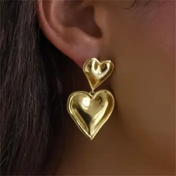 Prabangūs madingi dvigubos širdies formos auskarai 18K nerūdijančio plieno paauksuoti lygios meilės titano lašo auskarai moteriškiems papuošalams - Nuotrauka 1  