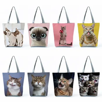 Animaciniai pirkinių krepšiai Atsitiktiniai kelionių paplūdimio krepšiai Moteriškos moteriškos lyties krepšiai Mielos juokingos katės atspausdintos rankinės Sulankstomos didelės talpos - Nuotrauka 1  