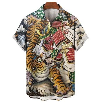 Tiger Pattern Shirt Summer Hunter trumpomis rankovėmis vyriški marškiniai Anime Print Tops Casual Lapel Oversized Button Drabužių megztinis 5XL - Nuotrauka 2  