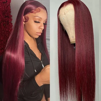 Burgundijos 99J Tiesūs nėrinių priekiniai perukai 13x4 Tiesus žmogaus plaukų perukas Raudonos spalvos nėrinių priekinis perukas Remy Guleless plaukai - Nuotrauka 1  