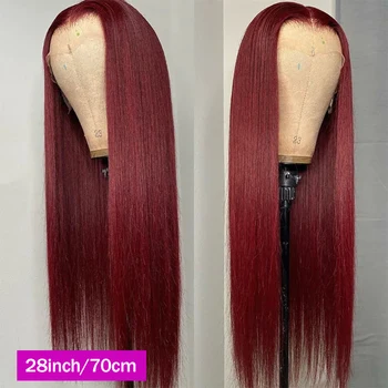 Burgundijos 99J Tiesūs nėrinių priekiniai perukai 13x4 Tiesus žmogaus plaukų perukas Raudonos spalvos nėrinių priekinis perukas Remy Guleless plaukai - Nuotrauka 2  