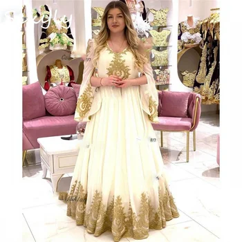 Kosovo Caftan balta vakarinė suknelė su auksinėmis aplikacijomis Sexy V Neck Abaya Dubai Prom suknelės arabiškos vakarėlio moteriškos suknelės ilgomis rankovėmis - Nuotrauka 1  