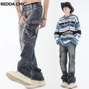 REDDACHiC Kišeninis sujungtas vyriškas mėlynas džinsas Frayed Tiesios plačios kojų kelnės Kelnės Hiphop Streetwear Y2k Vintage Vyriški drabužiai - Nuotrauka 1  