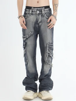 REDDACHiC Kišeninis sujungtas vyriškas mėlynas džinsas Frayed Tiesios plačios kojų kelnės Kelnės Hiphop Streetwear Y2k Vintage Vyriški drabužiai - Nuotrauka 2  