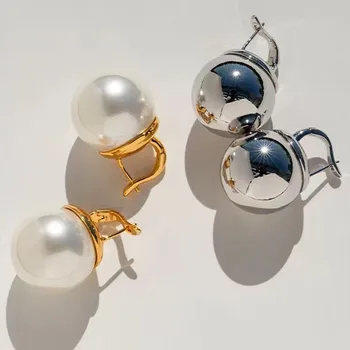 Tekstūros varis, padengtas 18K auksiniais rutuliniais auskarais Mados temperamentas Aukštos prasmės perlų ausų sagos Ausų smeigės Temperamento papuošalai - Nuotrauka 1  