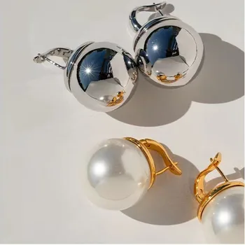 Tekstūros varis, padengtas 18K auksiniais rutuliniais auskarais Mados temperamentas Aukštos prasmės perlų ausų sagos Ausų smeigės Temperamento papuošalai - Nuotrauka 2  