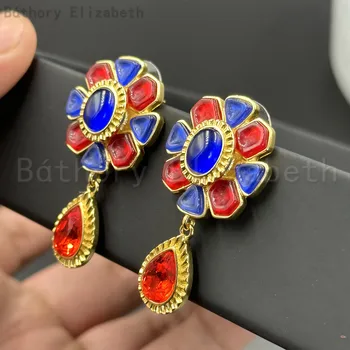 Báthory Elizabeth Vintage Designer Gold Blue Red Pendant Gem Earring Luxury Jewelry Woman Aukštos kokybės gimtadienio šventės dovana - Nuotrauka 2  