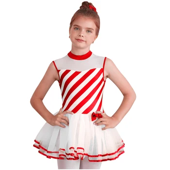 Kids Girls Christmas Ballet Tutu Dress Xmas Striped Candy Cane Kostiumas Gimnastika Leotard dailiojo čiuožimo spektaklis Šokių apranga - Nuotrauka 1  