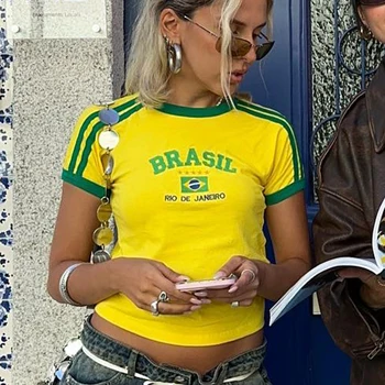 Y2k Estetika Moterys Brasil Siuvinėjimas Gotikinis apkarpymas Viršus Gatvės drabužiai Geltoni ploni trikotažiniai marškinėliai trumpomis rankovėmis Marškinėliai Emo Girl - Nuotrauka 2  