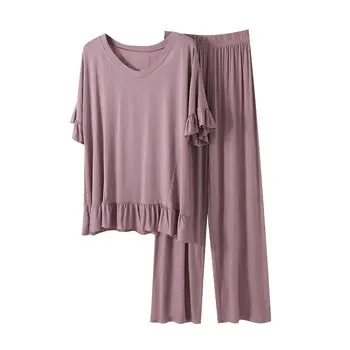 Didelis dydis 80KG Moteriškų modalinių pižamų komplektai Vasarinės trumpomis rankovėmis viršutinė dalis ir pilno ilgio kelnės Moteriškas minkštas miego drabužių kostiumas Miego drabužiai E34 - Nuotrauka 2  