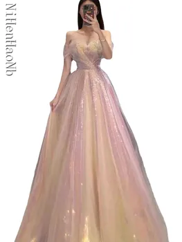 Bling Pink Elegantiškos saldžios vakarinės suknelės 2023 m. vasaros valties kaklas plonas juosmuo Prom Vestidos vestuvių vakarėlio suknelė - Nuotrauka 1  