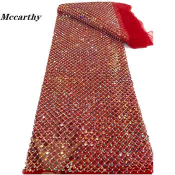 Mccarthy rankų darbo perlinis Afrikos nėrinių audinys 2023 m Aukštos kokybės 5 jardų sunkus karoliukais Nigerijos raudonų nėrinių audinys vestuvinei suknelei - Nuotrauka 1  