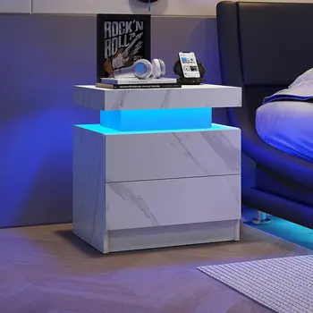 Naktinis staliukas LED naktinis staliukas Spintelės šviestuvai Moderni galinė pusė su 2 stalčiais miegamajam (baltas akmuo) - Nuotrauka 1  