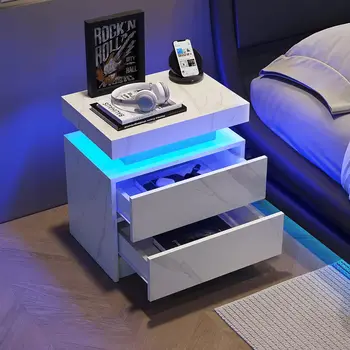 Naktinis staliukas LED naktinis staliukas Spintelės šviestuvai Moderni galinė pusė su 2 stalčiais miegamajam (baltas akmuo) - Nuotrauka 2  