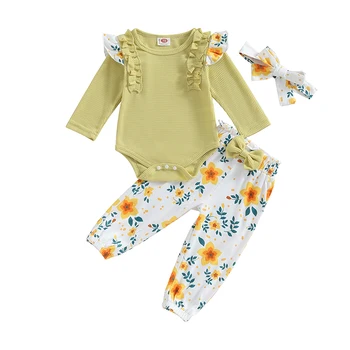 Baby Girls 3Pcs Fall Apranga Ruffle ilgomis rankovėmis Romper Bow Kelnės Galvos juostos komplektas Kūdikių drabužiai - Nuotrauka 1  