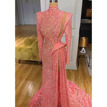 2023 Elegantiškos suknelės aukštu šoniniu plyšiu Prom suknelės ilgomis rankovėmis Vakarinė suknelė aukštu kaklu Spindesys Blizgučių plunksna Oficialūs chalatai De Soirée - Nuotrauka 1  