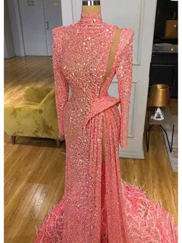 2023 Elegantiškos suknelės aukštu šoniniu plyšiu Prom suknelės ilgomis rankovėmis Vakarinė suknelė aukštu kaklu Spindesys Blizgučių plunksna Oficialūs chalatai De Soirée - Nuotrauka 2  