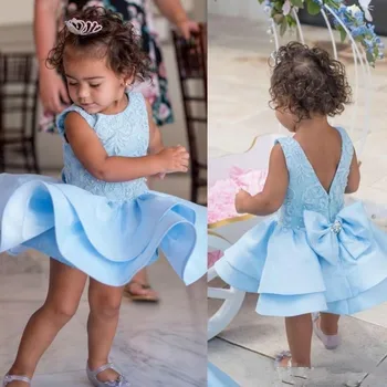 Sky Blue Mini Short Flower Girls Suknelės Pakopinis vakarėlis Mažylis Pageant Kūdikio gimtadienio chalatai Vaikiški keksiukai Pirmosios komunijos suknelė - Nuotrauka 2  
