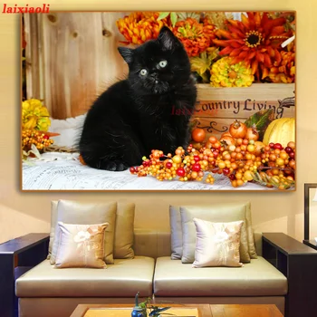 5D Deimantų tapyba Juoda katė ir vaisius pilnas Apvalus kvadratas Deimantų mozaika 