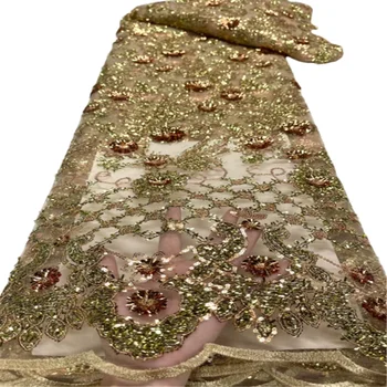 Auksinis Afrikos nėrinių audinys 2023 5 jardai Aukštos kokybės Nigerijos blizgučiai Prancūziškas tiulio nėrinių audinys suknelės siuvimui Vestuvių vakarėlis J99 - Nuotrauka 1  
