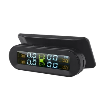 Saulės belaidis USB TPMS automobilių padangų slėgio monitoriaus sistema HD LCD ekranas 4 Išorinio jutiklio padangų slėgio įspėjimas apie temperatūrą - Nuotrauka 1  