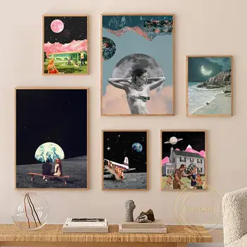 Retro Siurrealistinis Kosminis peizažas Plakatas Siurrealizmas Abstraktus kosminė planeta Rožinė mėnulio drobė Tapyba Sienų meno paveikslas namų dekorui - Nuotrauka 1  