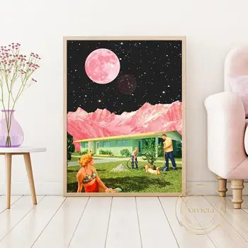 Retro Siurrealistinis Kosminis peizažas Plakatas Siurrealizmas Abstraktus kosminė planeta Rožinė mėnulio drobė Tapyba Sienų meno paveikslas namų dekorui - Nuotrauka 2  
