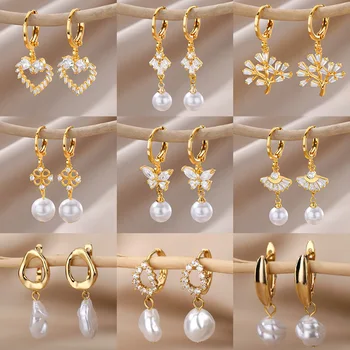 Cirkonas Natūralūs perlų auskarai moterims Paauksuoti nerūdijančio plieno geometriniai lankai Perlų auskarai Vestuvių pamergės papuošalų dovana - Nuotrauka 1  