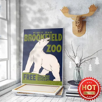 1936 Nemokamas apsilankymas Brookfield zoologijos sode Čikagos reklaminis plakatas, vintažinio stiliaus baltojo lokio meno atspaudai, zoologijos sodo seni reklaminiai sienų lipdukai - Nuotrauka 1  