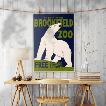 1936 Nemokamas apsilankymas Brookfield zoologijos sode Čikagos reklaminis plakatas, vintažinio stiliaus baltojo lokio meno atspaudai, zoologijos sodo seni reklaminiai sienų lipdukai - Nuotrauka 2  