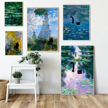 Juoda katė Claude Monet tapyboje Drobės plakatas Klasikiniai meno kūriniai Sieniniai paveikslėliai svetainei Miegamasis Modernus namų dekoras - Nuotrauka 1  