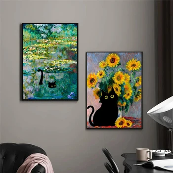 Juoda katė Claude Monet tapyboje Drobės plakatas Klasikiniai meno kūriniai Sieniniai paveikslėliai svetainei Miegamasis Modernus namų dekoras - Nuotrauka 2  