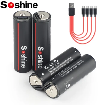 Soshine USB AA 2600mWh Ličio baterijos 1.5V 2600mWh Li-Ion įkraunama baterija su 4-in-1 USB kabeliu nuotolinio valdymo pelei - Nuotrauka 1  