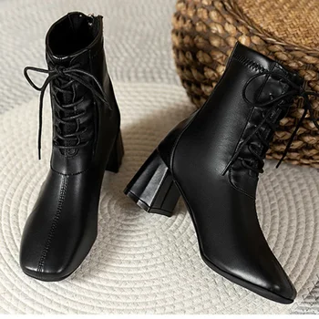 Rudens moteriški aulinukai Nauji stambūs aukštakulniai batai Ladies Casual Lace Up Black Brown Short Boots Chlelsea Botines Mujer - Nuotrauka 1  
