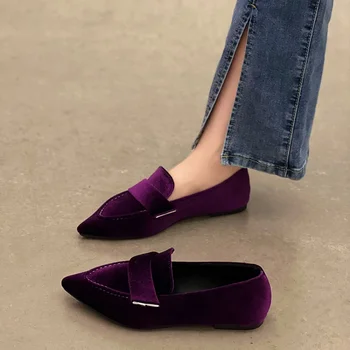 Casual Basic Cow Suede Flats for Women Fashion Spring/Autumn Microfiber Pointed Toe Ladies Shoes Slip-On Rubber Flats - Nuotrauka 2  