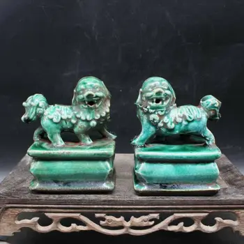 kinų senas pažymėtas žaliai glazūruotas pora porceliano foo šunų rūmų liūtų kolekcija - Nuotrauka 1  