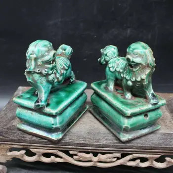 kinų senas pažymėtas žaliai glazūruotas pora porceliano foo šunų rūmų liūtų kolekcija - Nuotrauka 2  