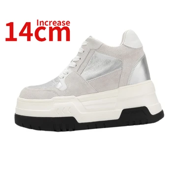 Natūralios odos ūgį didinantys batai moteriškiems padidinto dizaino 14 cm dizaino laisvalaikio batams Europe/American Silver Grey Elevated Shoes - Nuotrauka 1  