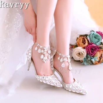 White Bling Crystal Wedding Shoes Rhinestones Chain Bride Pumps Thin High Heel Seklūs batai Prabangūs banketiniai moteriški batai - Nuotrauka 1  