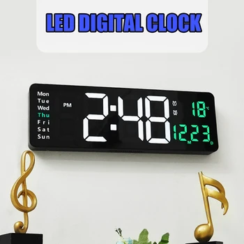 LED skaitmeninis sieninis laikrodis su nuotolinio valdymo pultu Sieniniai laikrodžiai Temp Data Savaitė Ekranas Dviguba elektroninė aliarmų lentelė - Nuotrauka 2  